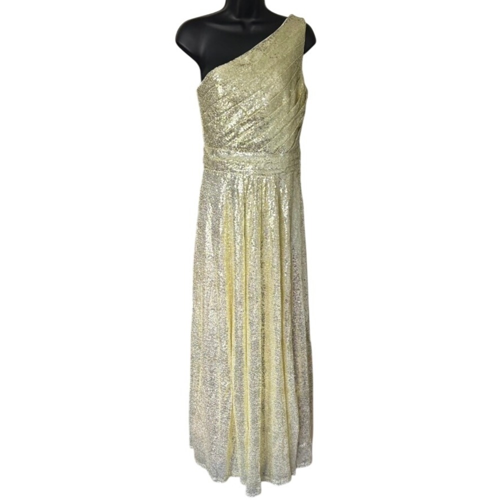NWT Kate Kasin One Shoulder Maxi Dress Sz‎ 6 Gold Sequin Bridesmaid Evening Prom